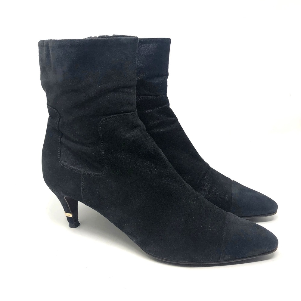 Chanel Ankle Boots Womens 40 US 9 Black Suede Kitten Heel Logo Hardware Cap Toe